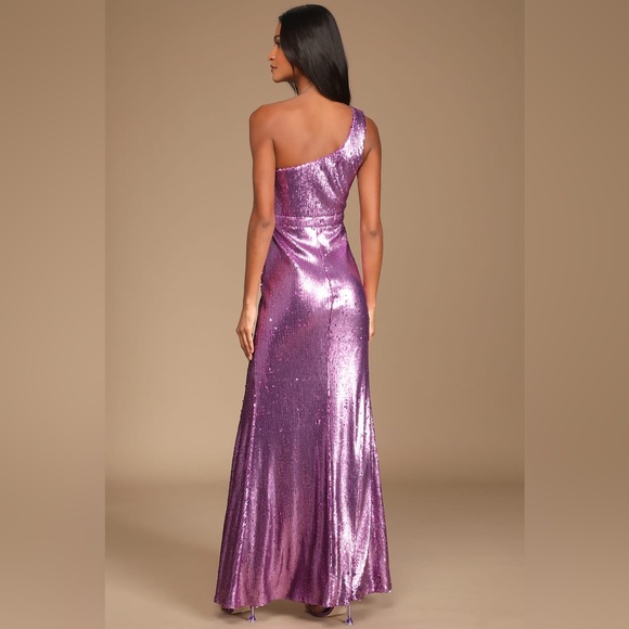 Lulu’s Prom Perfect Pink Purple Sequin One-Shoulder Cutout Mermaid Maxi Dress - Picture 4 of 9
